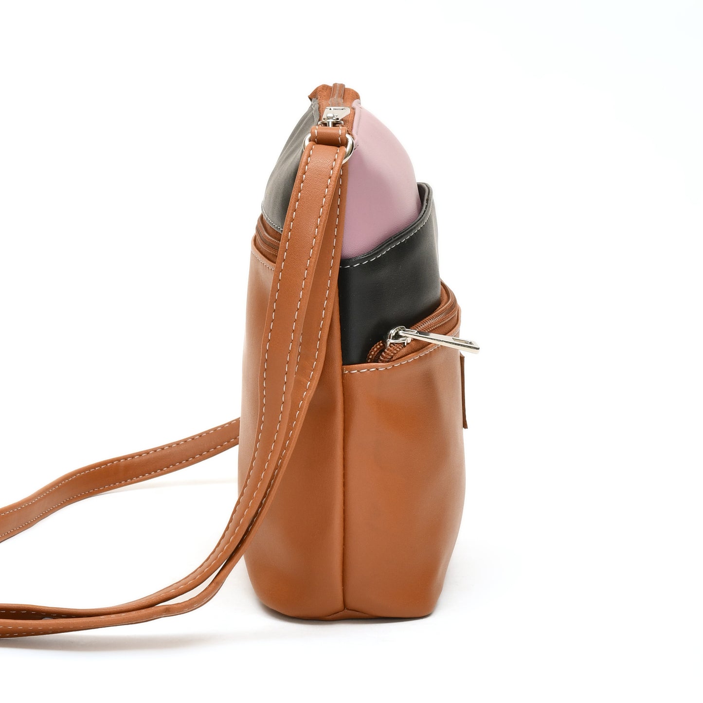 Elegant Women’s Tan Multicolor PU Leather Sling Bag – Multi-Pocket Crossbody with Adjustable Strap