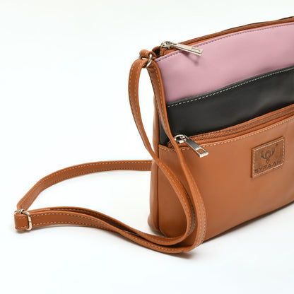 Elegant Women’s Tan Multicolor PU Leather Sling Bag – Multi-Pocket Crossbody with Adjustable Strap