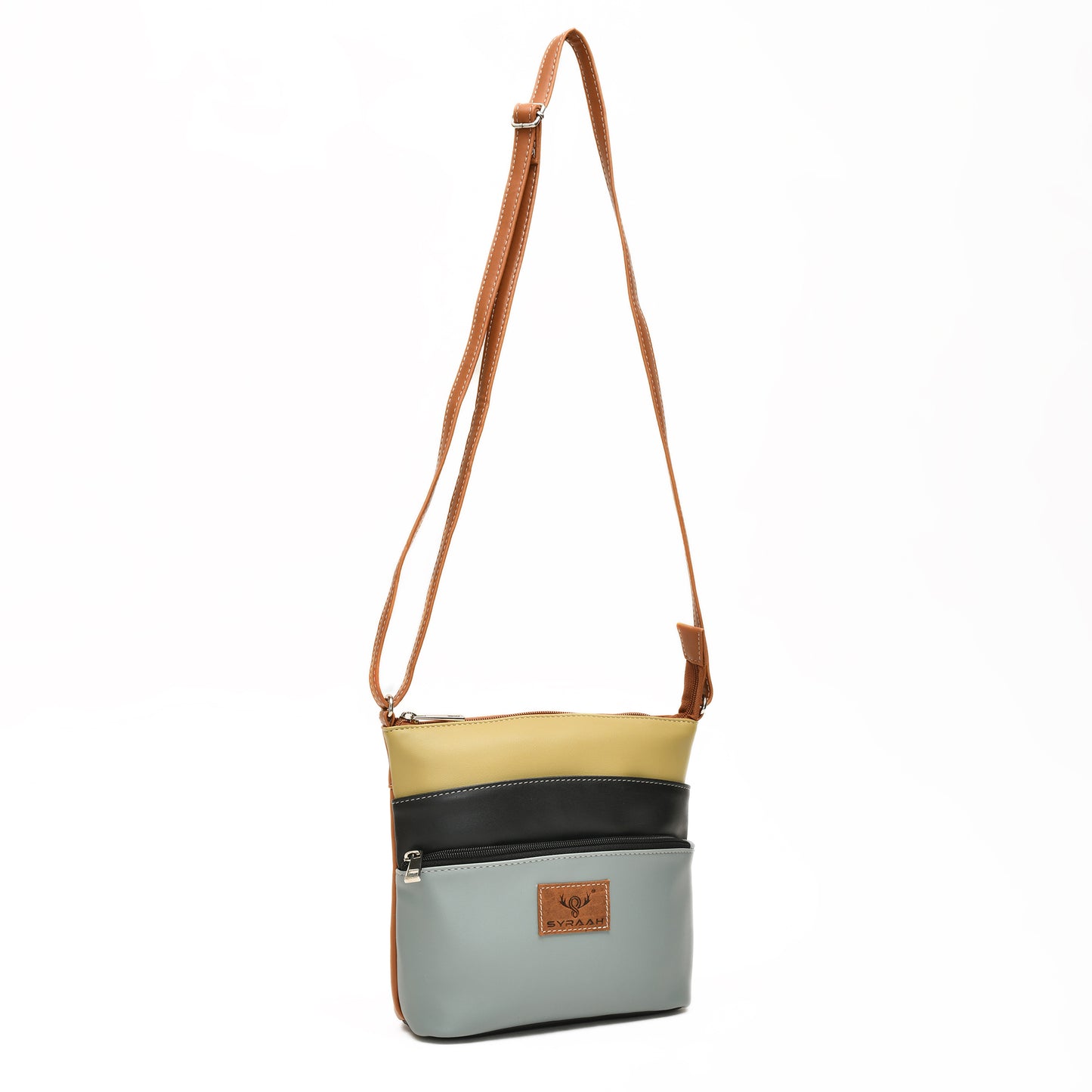 Stylish Women’s Green Multicolor PU Leather Sling Bag – Multi-Pocket Crossbody with Adjustable Strap