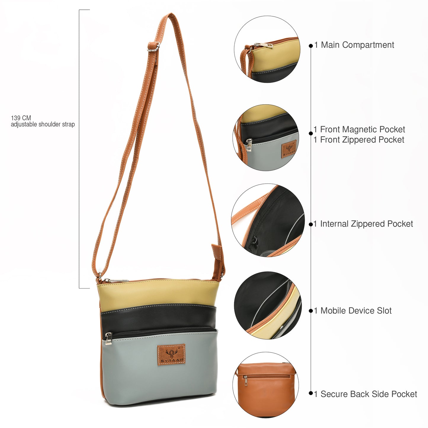 Stylish Women’s Green Multicolor PU Leather Sling Bag – Multi-Pocket Crossbody with Adjustable Strap