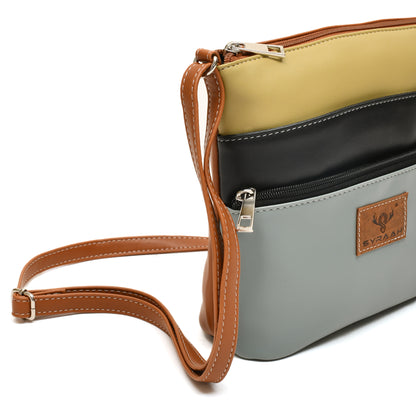 Stylish Women’s Green Multicolor PU Leather Sling Bag – Multi-Pocket Crossbody with Adjustable Strap