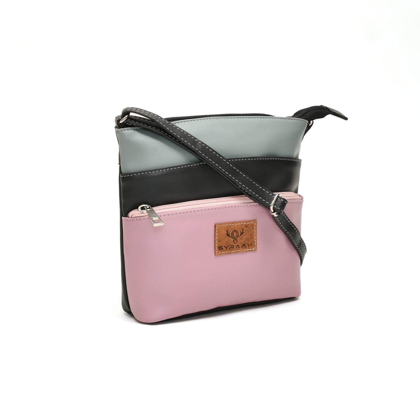 Stylish Women’s Pink Multicolor PU Leather Sling Bag – Multi-Pocket Crossbody with Adjustable Strap