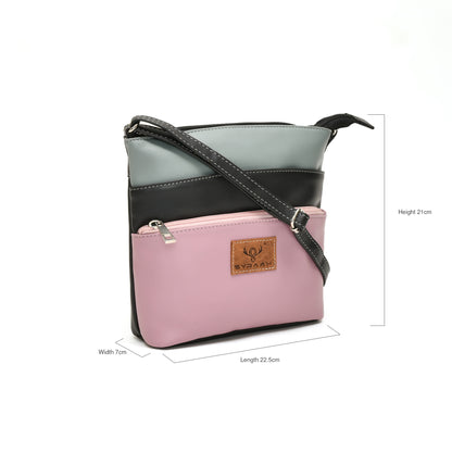 Stylish Women’s Pink Multicolor PU Leather Sling Bag – Multi-Pocket Crossbody with Adjustable Strap