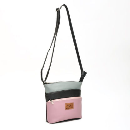 Stylish Women’s Pink Multicolor PU Leather Sling Bag – Multi-Pocket Crossbody with Adjustable Strap