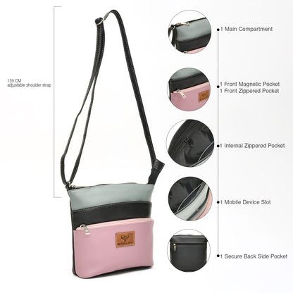 Stylish Women’s Pink Multicolor PU Leather Sling Bag – Multi-Pocket Crossbody with Adjustable Strap