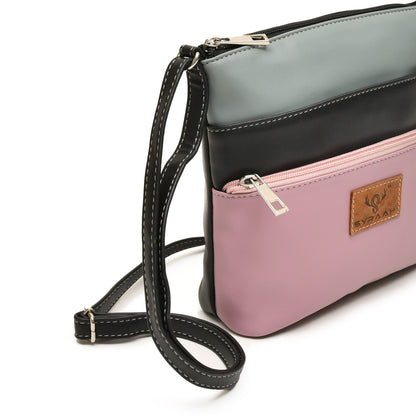 Stylish Women’s Pink Multicolor PU Leather Sling Bag – Multi-Pocket Crossbody with Adjustable Strap
