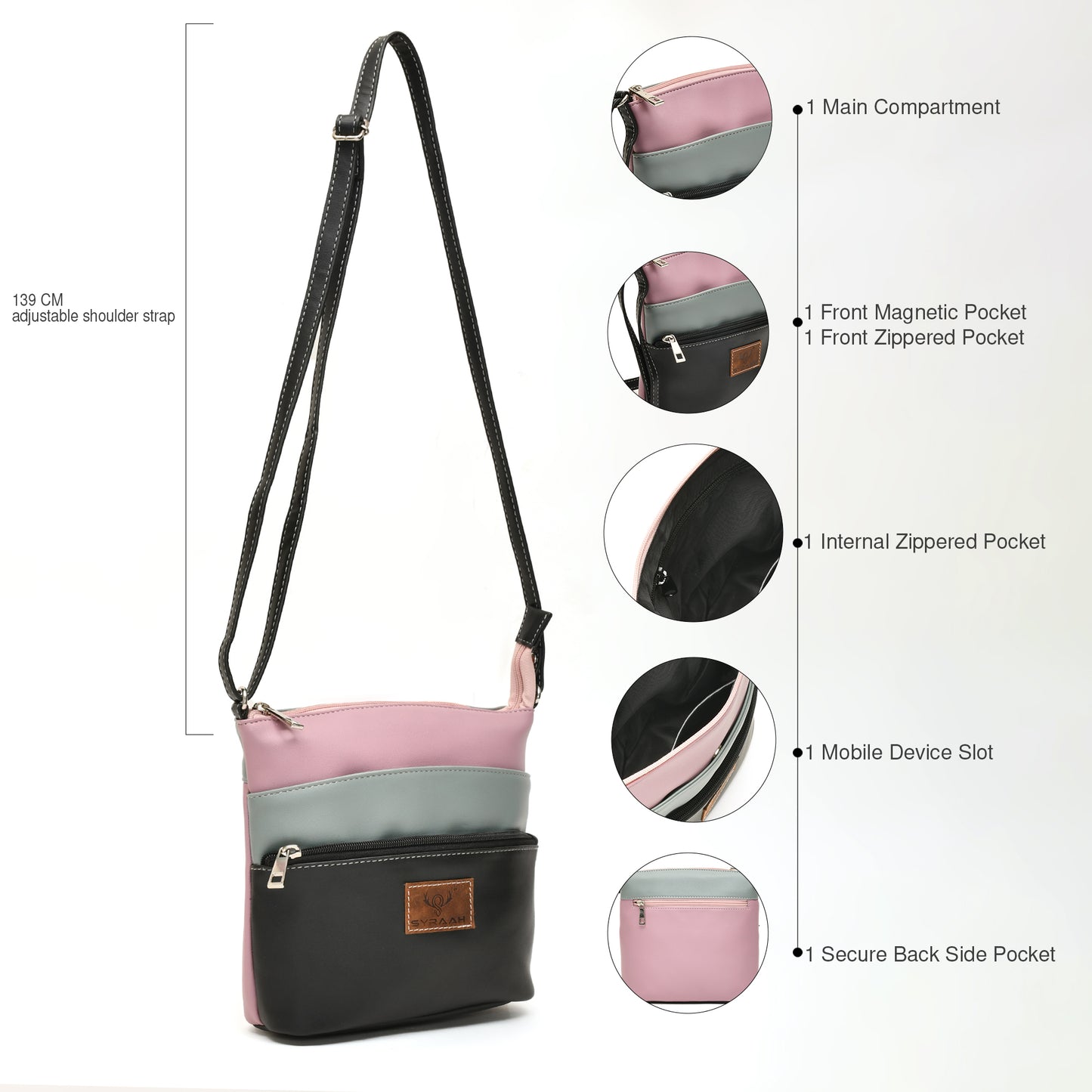 Stylish Women’s Black Multicolor PU Leather Sling Bag – Multi-Pocket Crossbody with Adjustable Strap