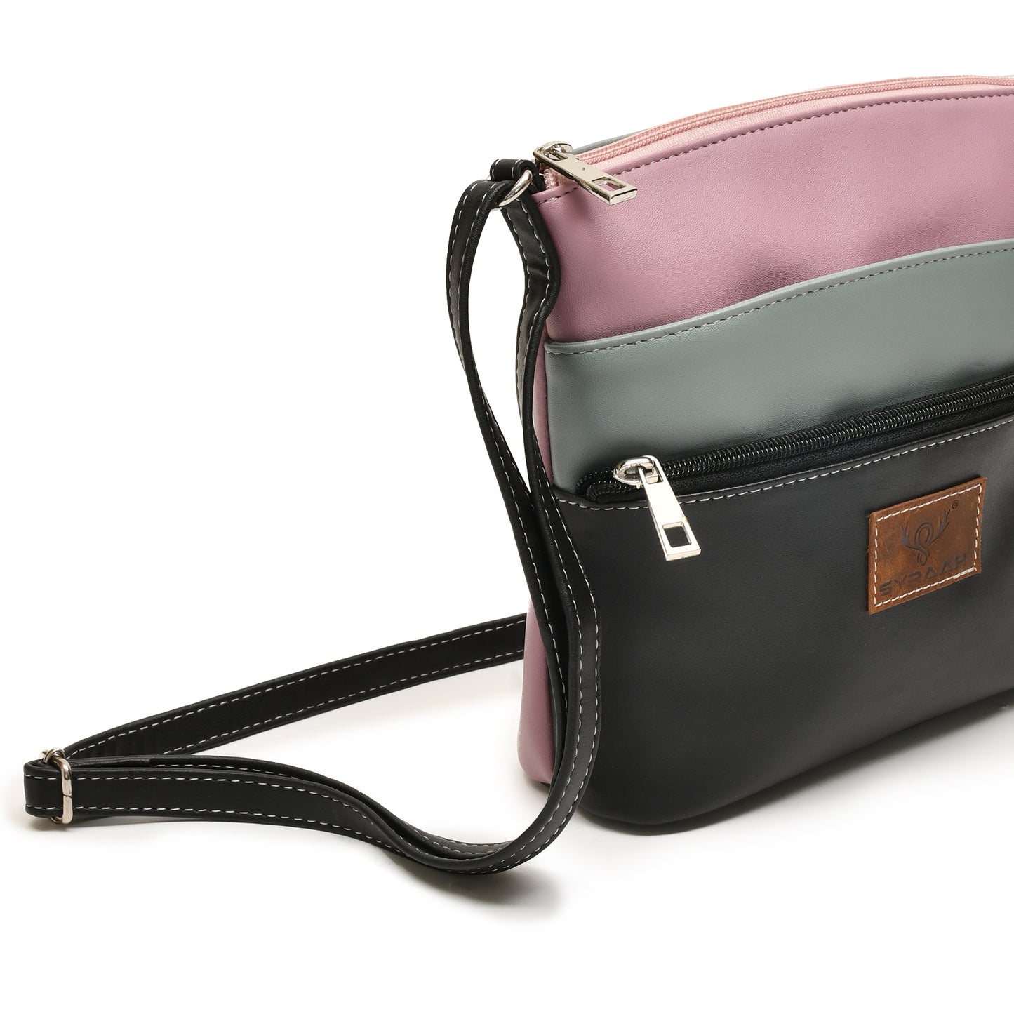 Stylish Women’s Black Multicolor PU Leather Sling Bag – Multi-Pocket Crossbody with Adjustable Strap