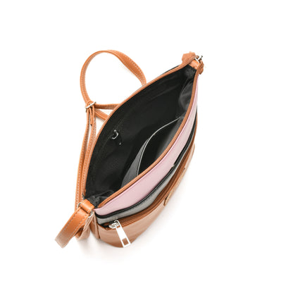 Elegant Women’s Tan Multicolor PU Leather Sling Bag – Multi-Pocket Crossbody with Adjustable Strap