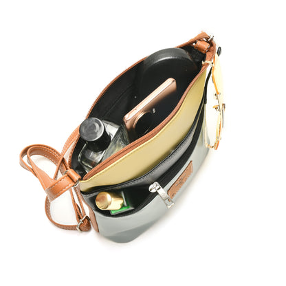 Stylish Women’s Green Multicolor PU Leather Sling Bag – Multi-Pocket Crossbody with Adjustable Strap