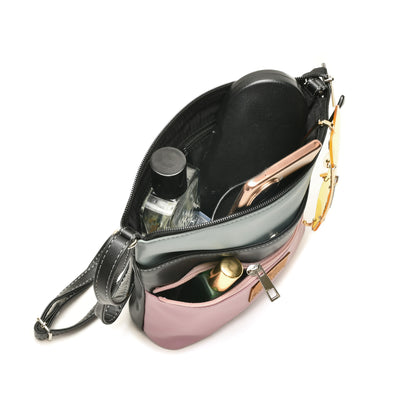 Stylish Women’s Pink Multicolor PU Leather Sling Bag – Multi-Pocket Crossbody with Adjustable Strap