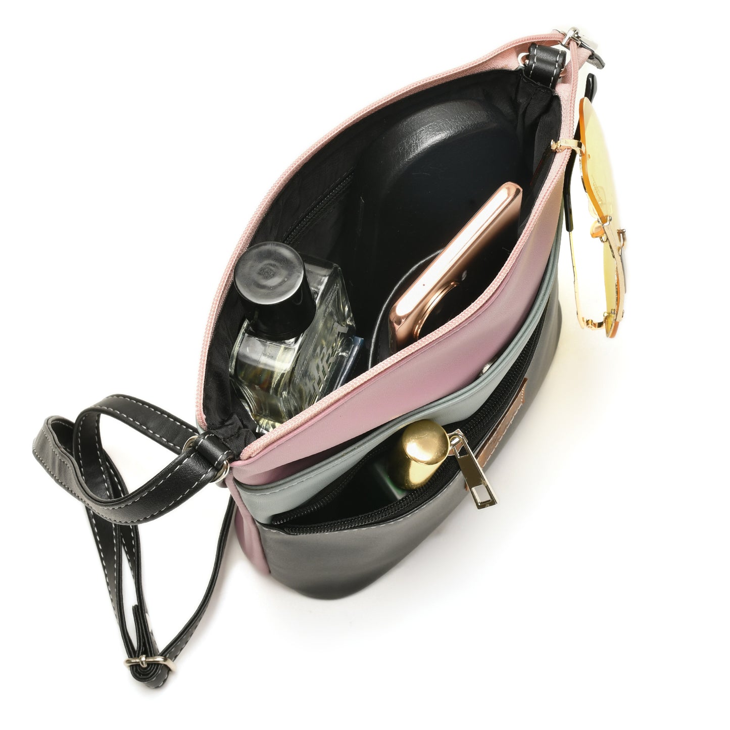 Stylish Women’s Black Multicolor PU Leather Sling Bag – Multi-Pocket Crossbody with Adjustable Strap